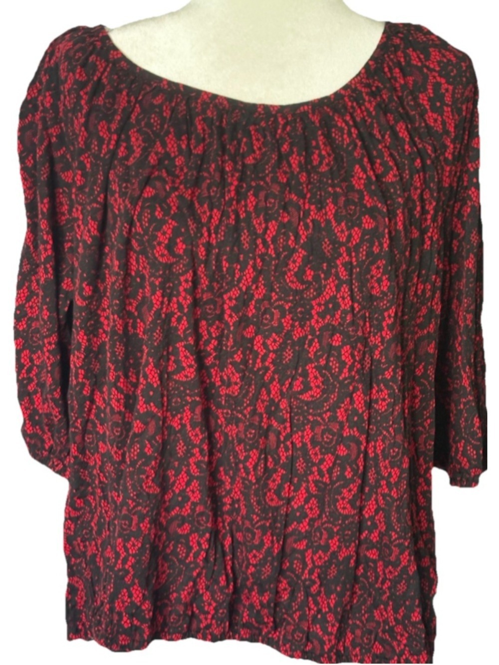 Red Black Lace Print Top Blouse Whimsigoth Gothic Witchy Bubble Hem Cotton M L